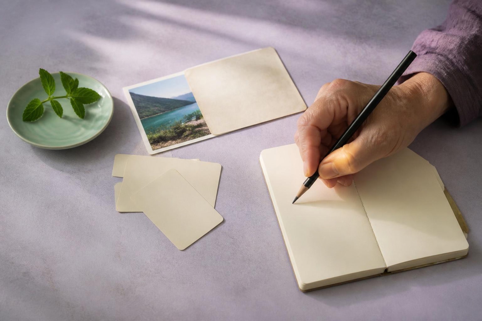 身近な葉や風景写真をそばに置き思い出の言葉を書き留める手元