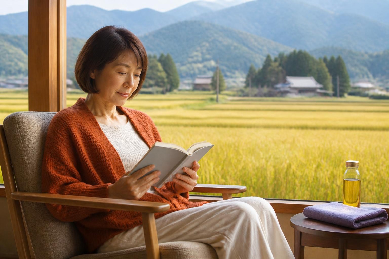 稲穂の景色を望む窓辺で本を読み、くつろぐ女性