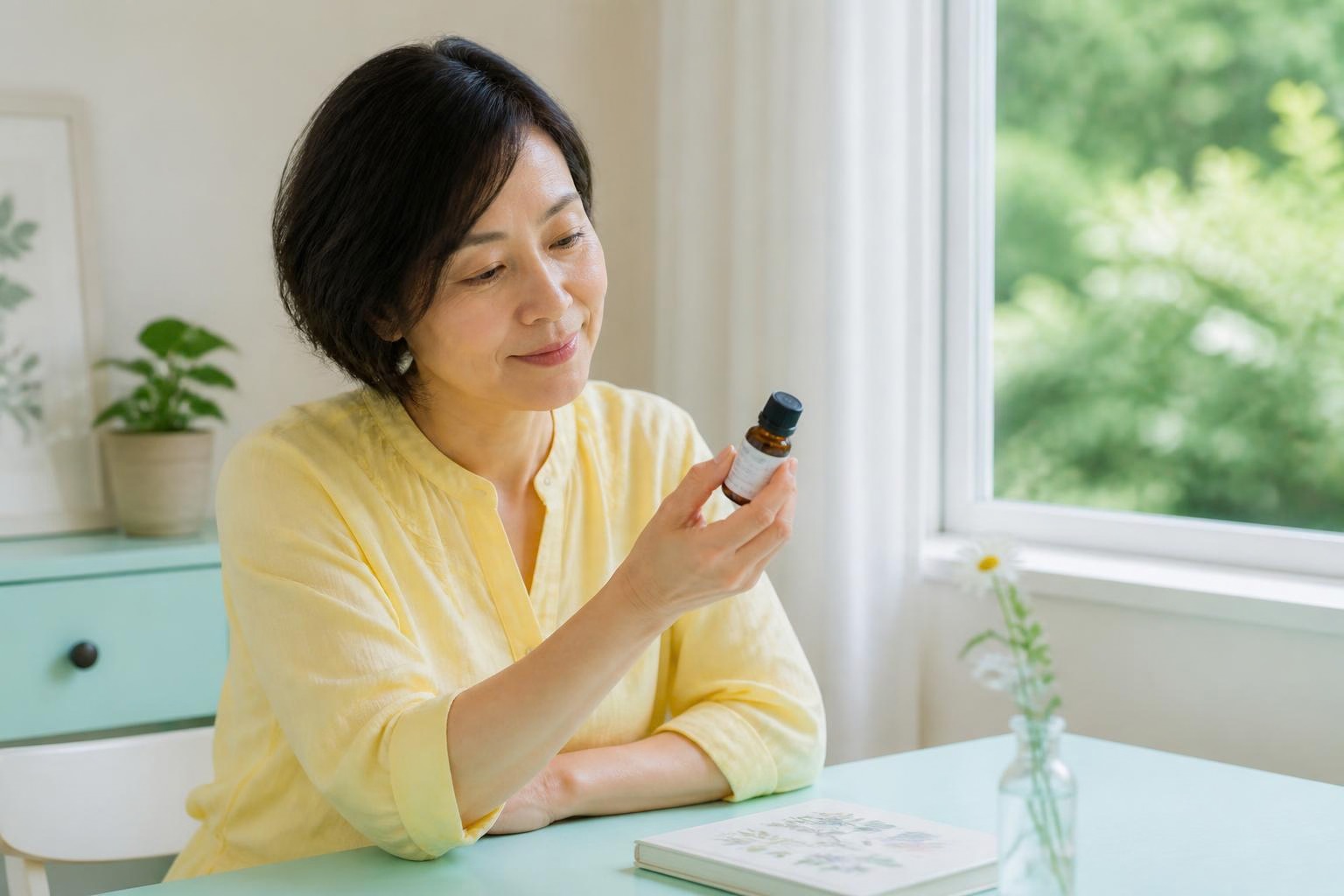 淡い黄色の服を着た女性が精油瓶の表示を読み、植物の名前を確かめる場面