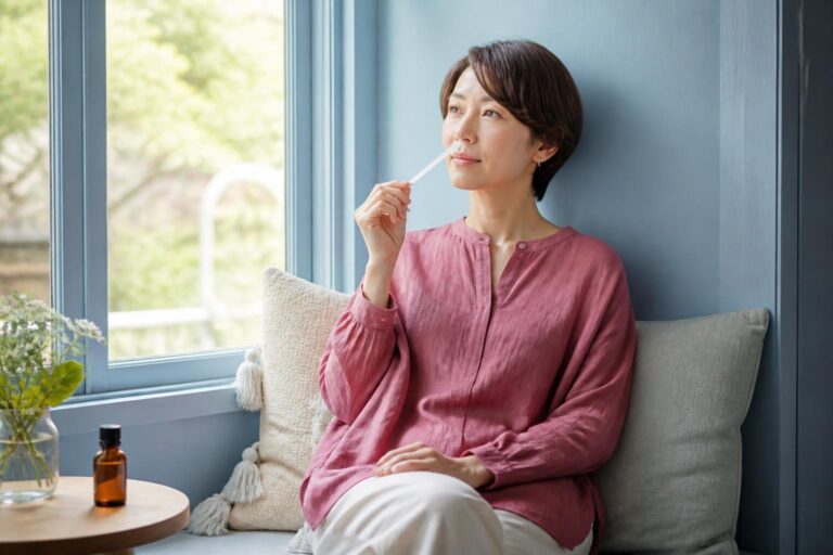 青い窓辺で試香紙を持ち、香りの時間を楽しむ落ち着いたピンクの服の女性
