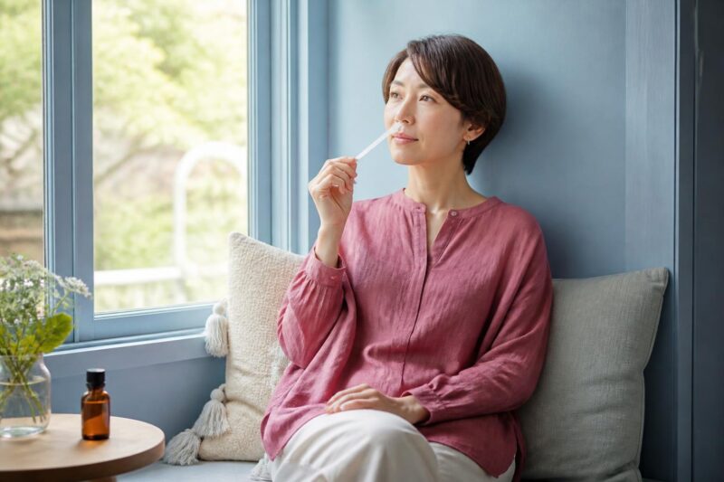 青い窓辺で試香紙を持ち、香りの時間を楽しむ落ち着いたピンクの服の女性