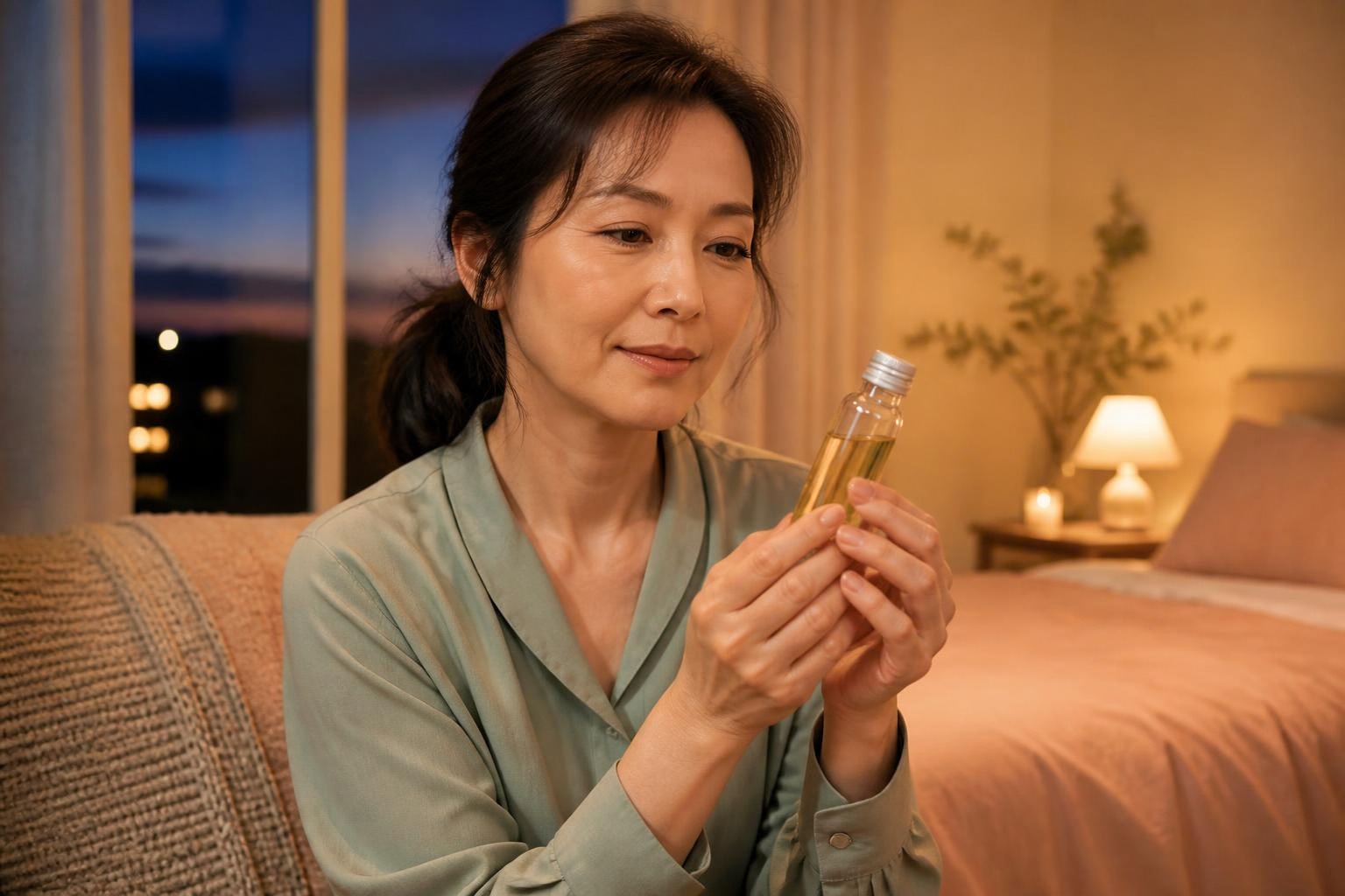 夜の落ち着いた部屋で小さなオイル瓶を手にする女性