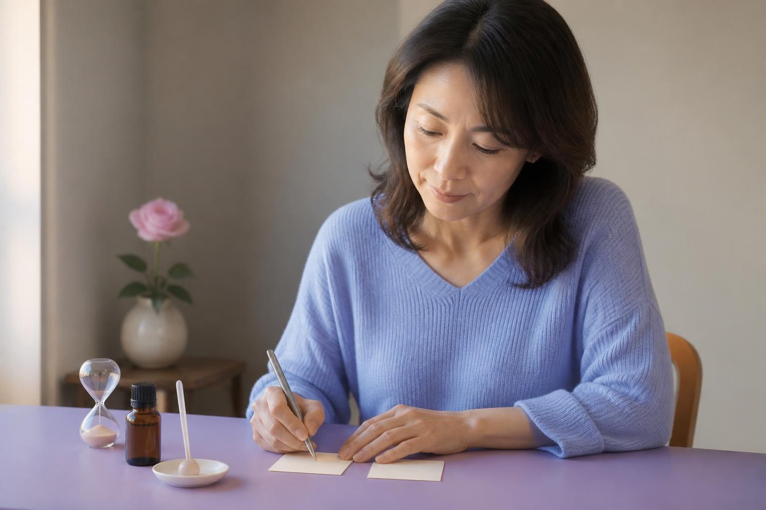 香りを確かめたあと二枚のカードに印象を書き留める女性
