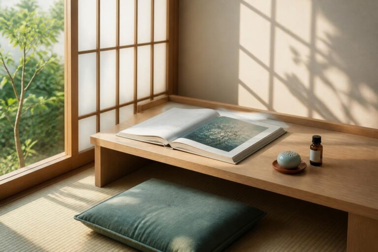 障子から光が差す和の読書机に本と芳香器を置いた静かな空間