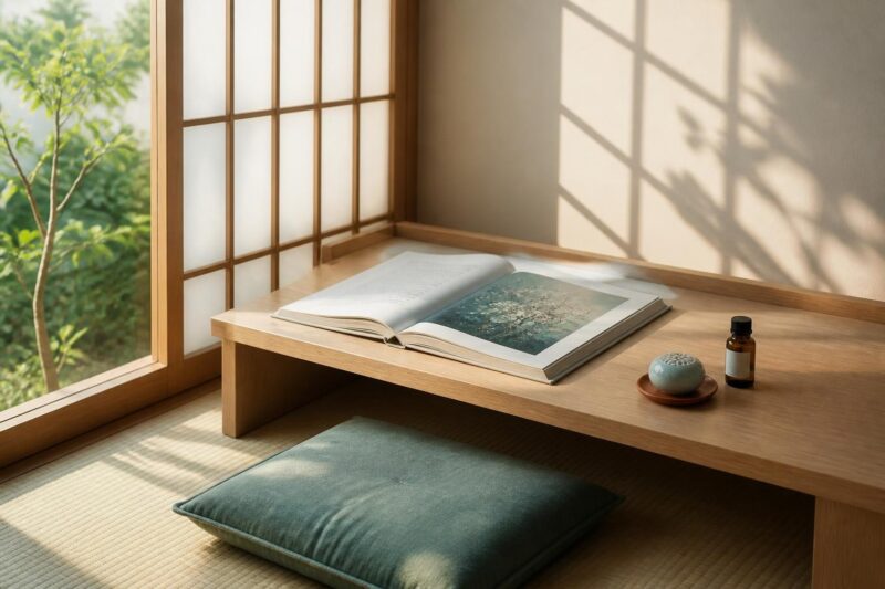 障子から光が差す和の読書机に本と芳香器を置いた静かな空間
