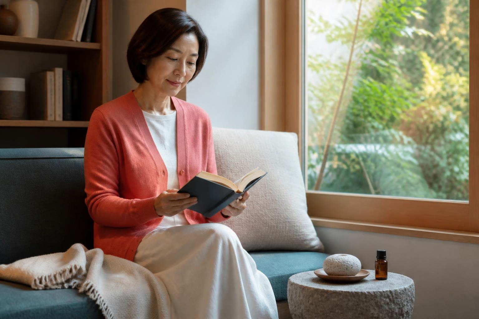 窓辺で読書を楽しむ女性と別の小卓に置かれたアロマストーン