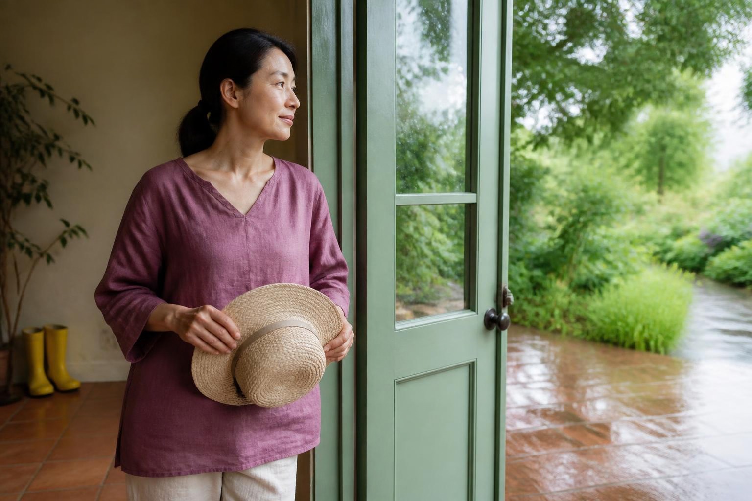 帽子を手にした女性が、淡い緑の扉から雨上がりの庭を眺める