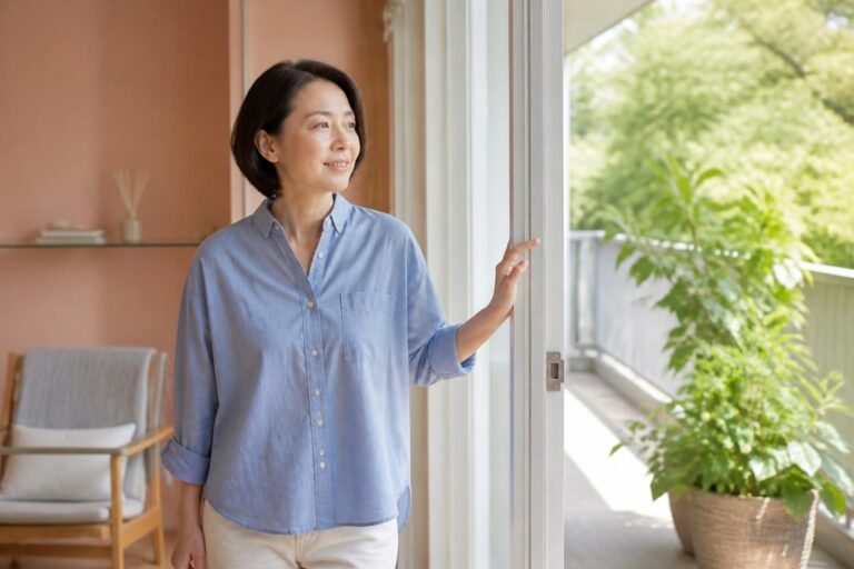 部屋から緑の見えるバルコニーへ移動してひと息つく女性