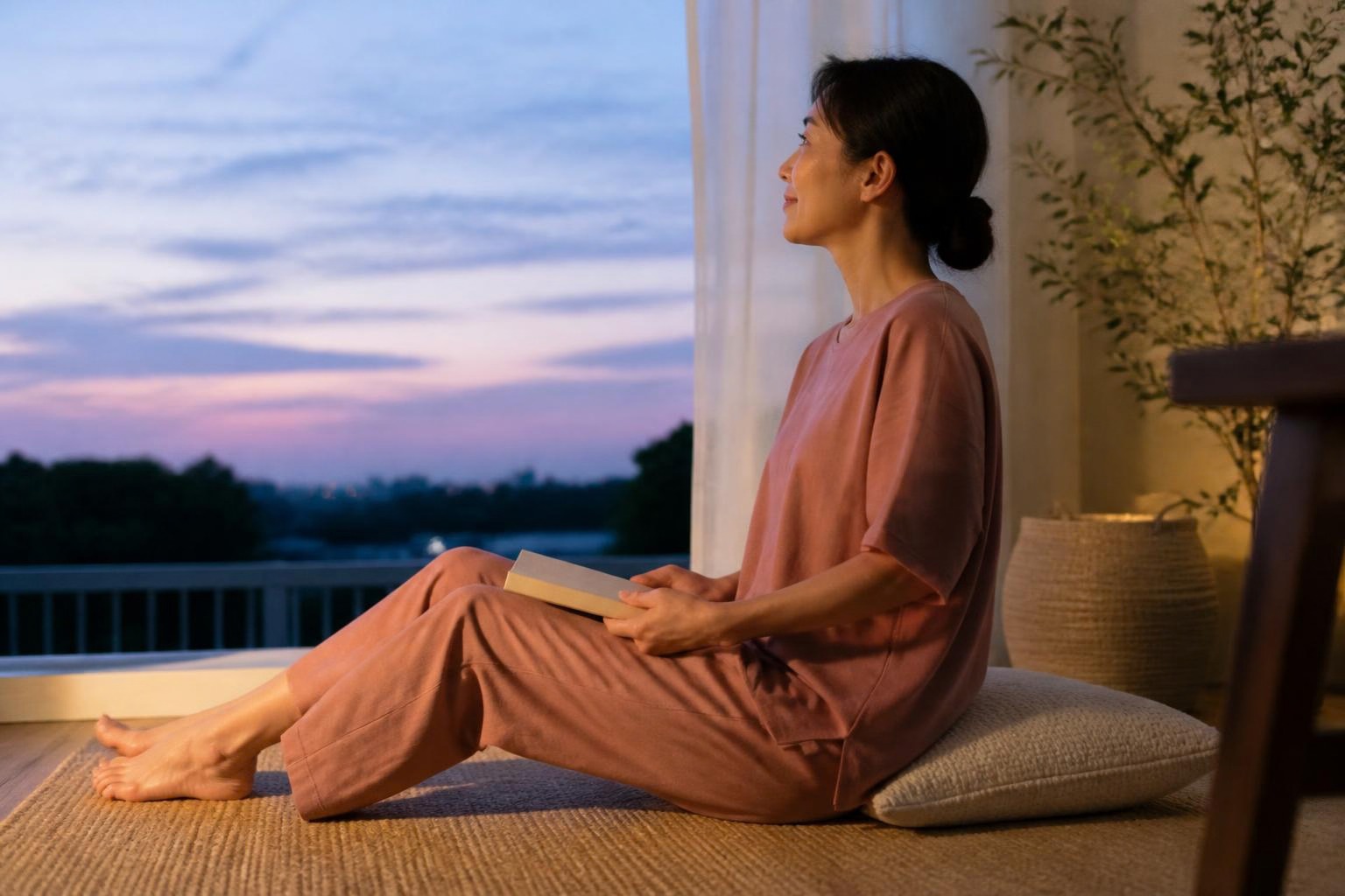 ケアのあとに本を膝へ置き、窓辺で青紫の夕空を眺める女性