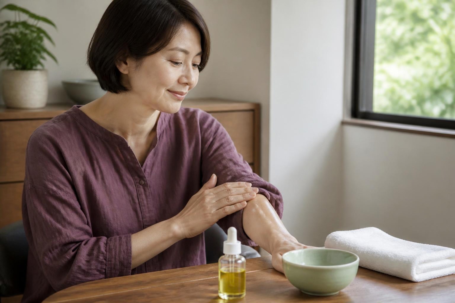 窓辺で腕に少量のオイルをなじませる女性