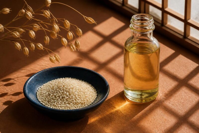 藍色の小皿に盛ったゴマと淡い金色のセサミオイル