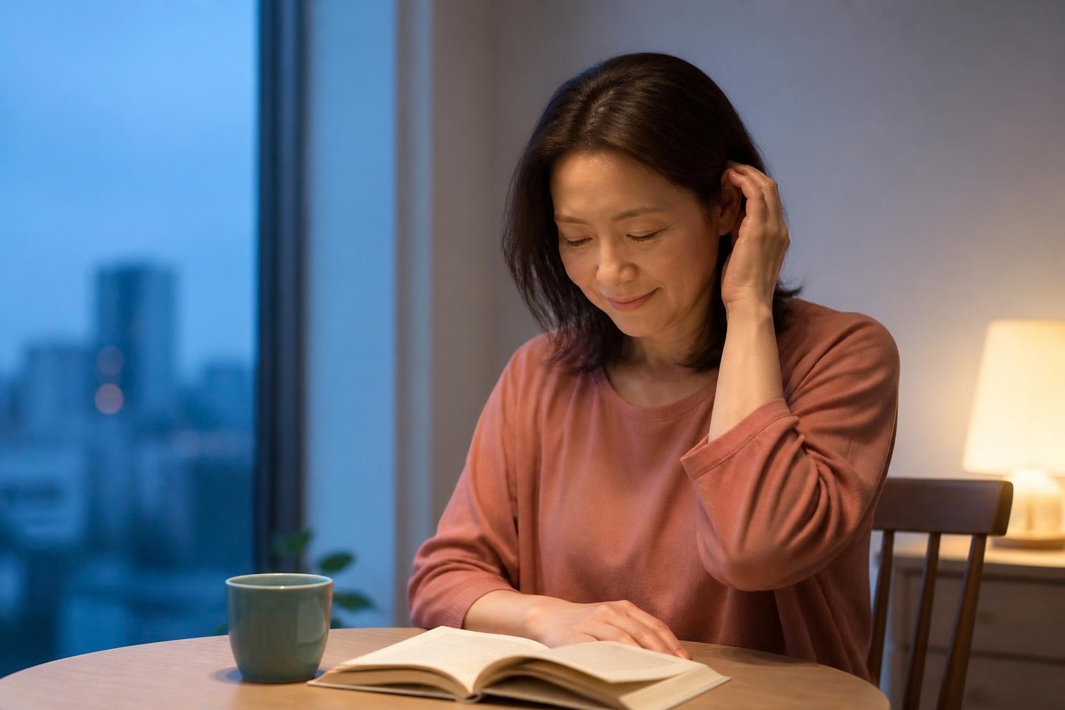 身支度を終え、夕暮れのテーブルで髪を耳にかけながら本を読む女性
