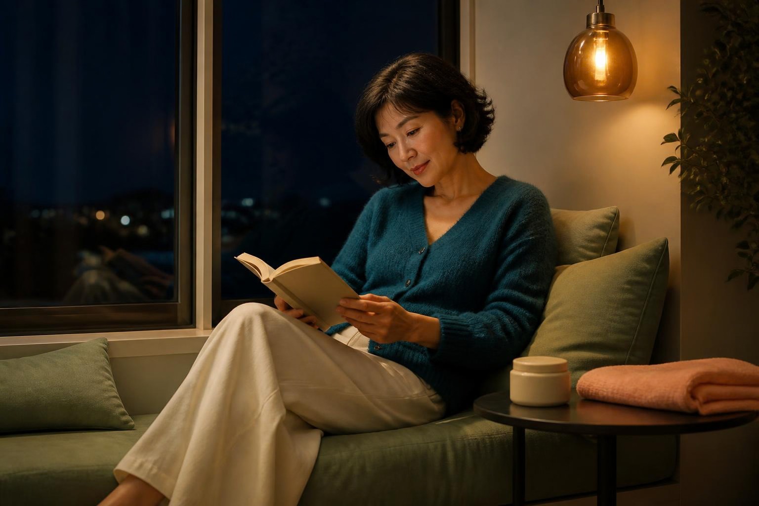 暖かな照明と夜の窓辺で読書を楽しむ青緑のカーディガンの女性