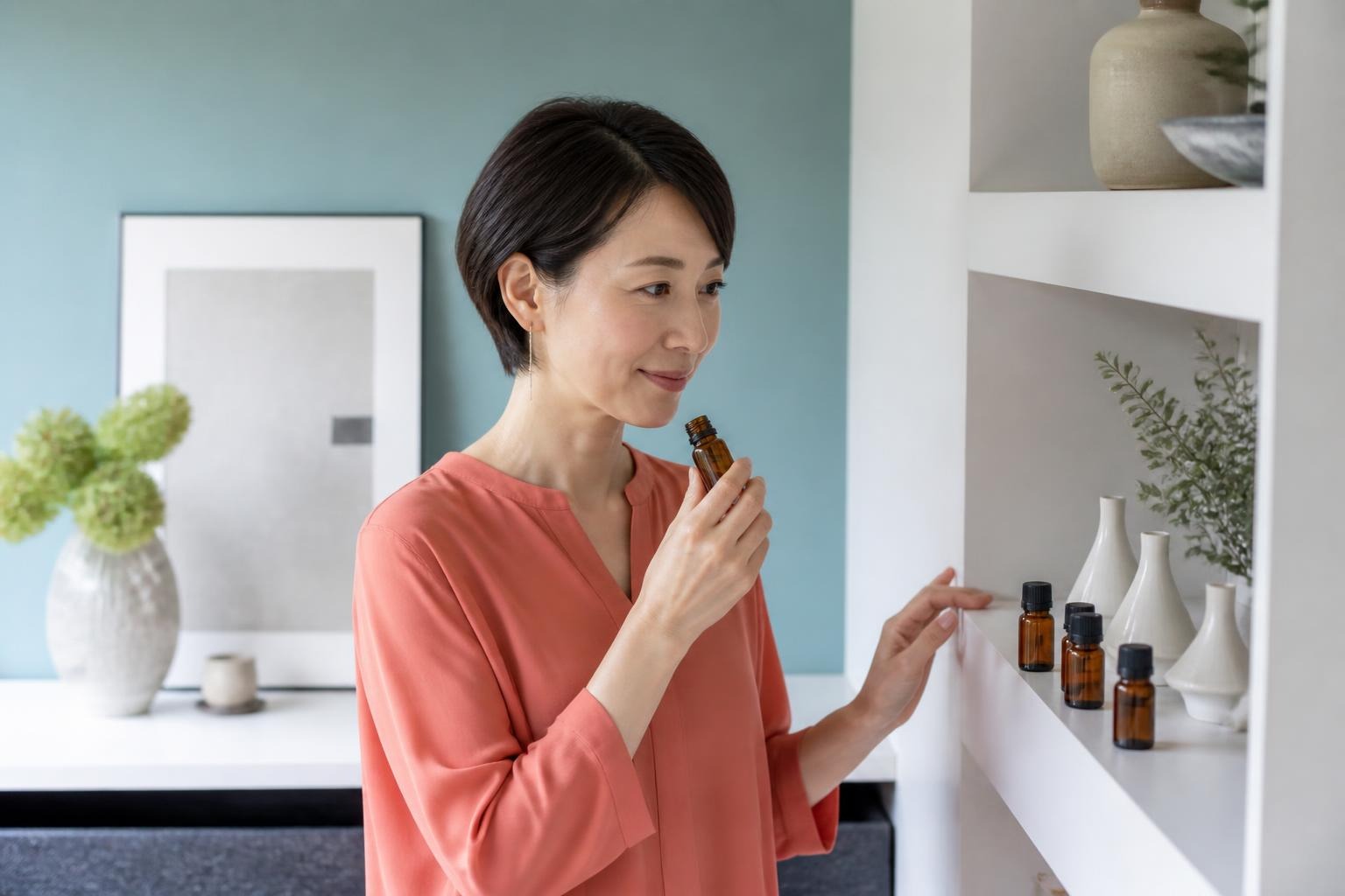 水色の壁と白い棚のある部屋で好みの香りを選ぶ女性