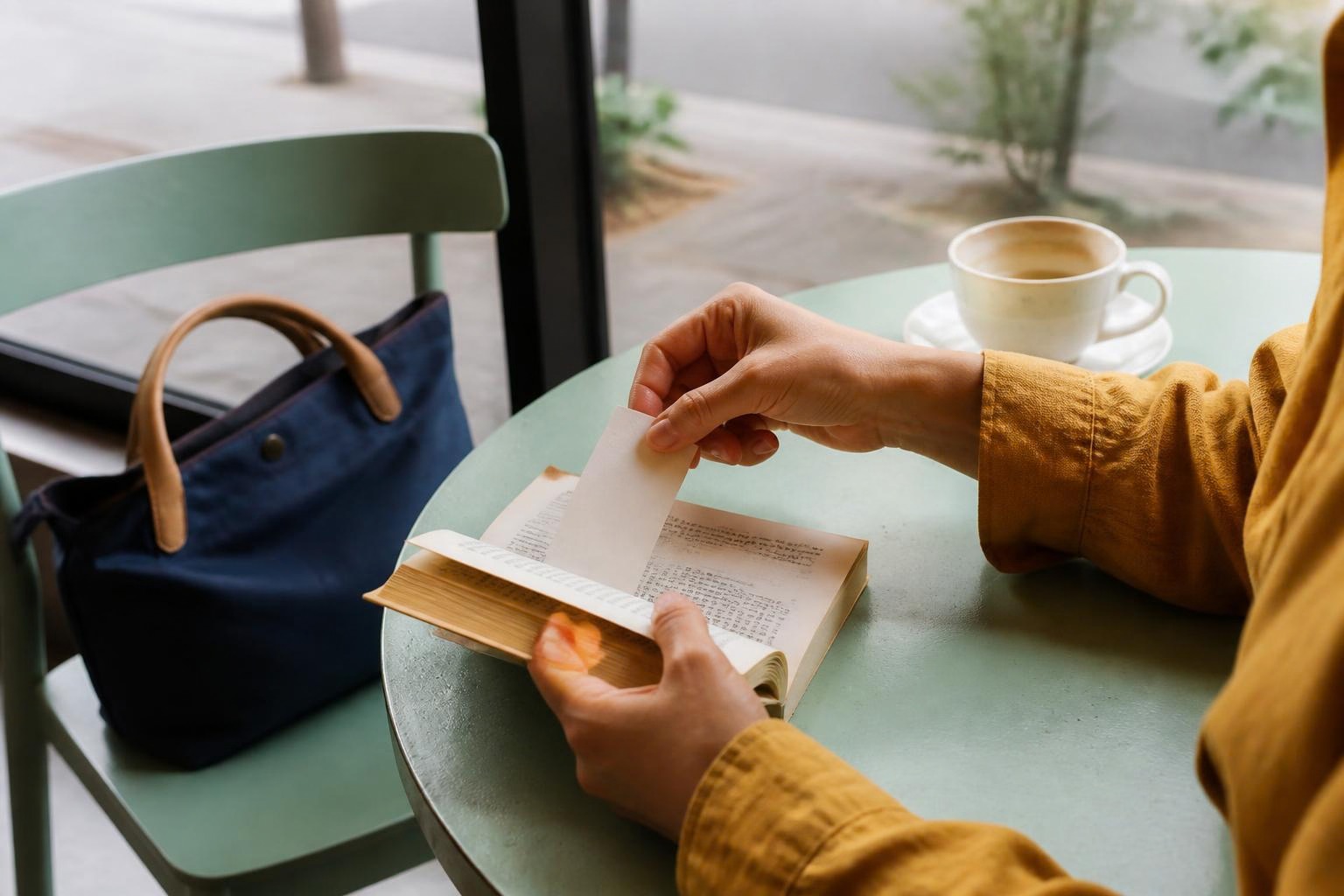 カフェの机で読みかけの本にしおりを挟む手元