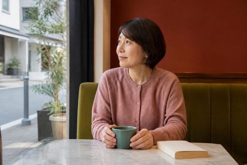 小さなカフェで青緑のカップを手に街の景色を眺める女性