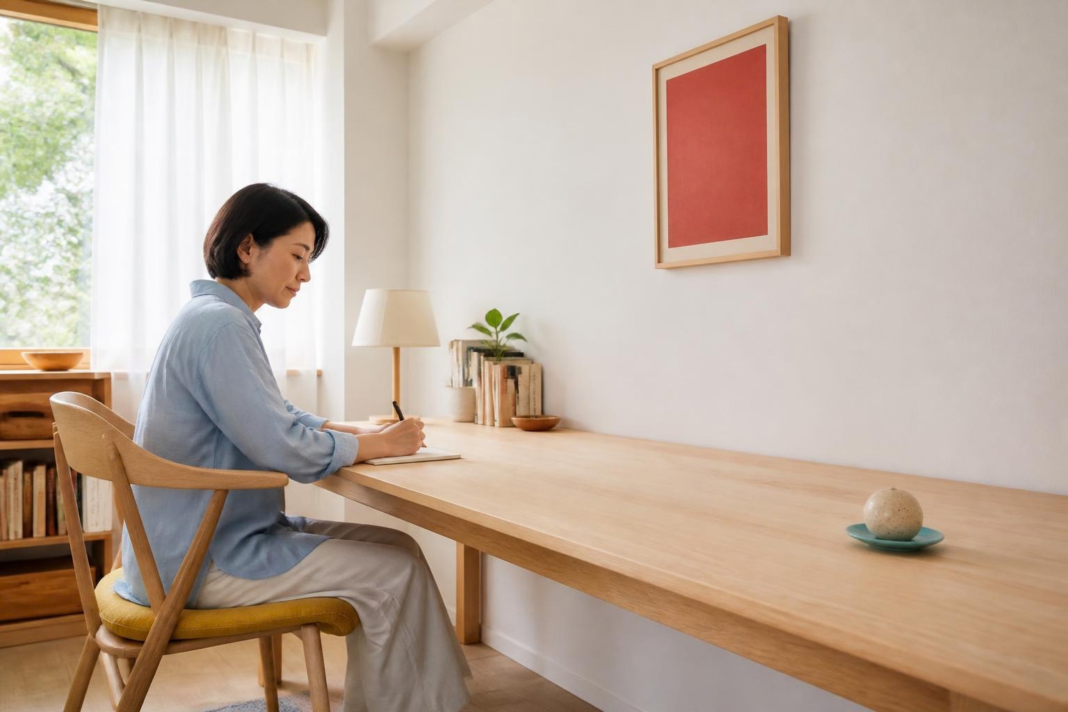 長い机で過ごす女性と、離れた受け皿の上に置いたアロマストーン