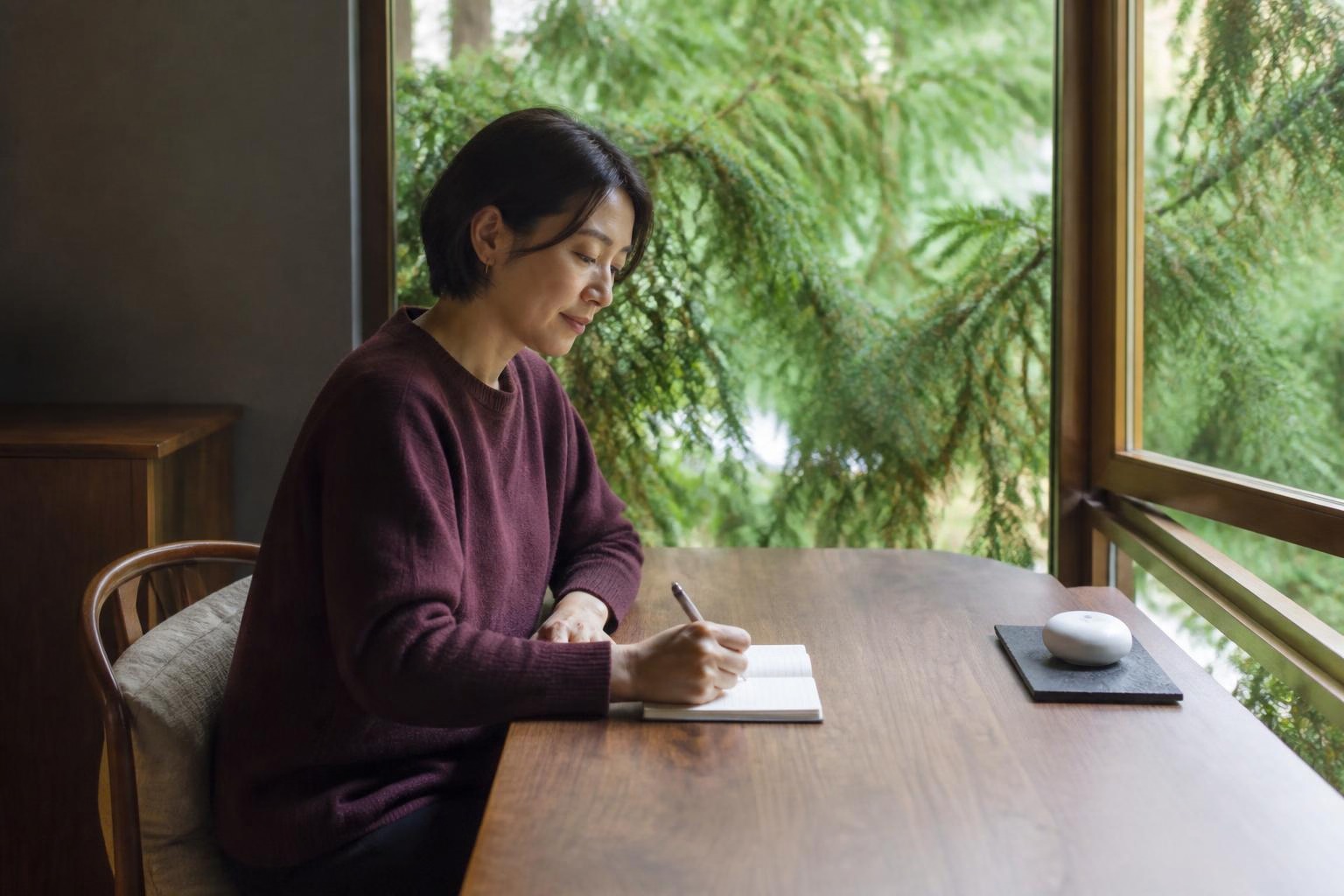 緑を望む窓辺の木の机で香りの印象をノートに書く女性