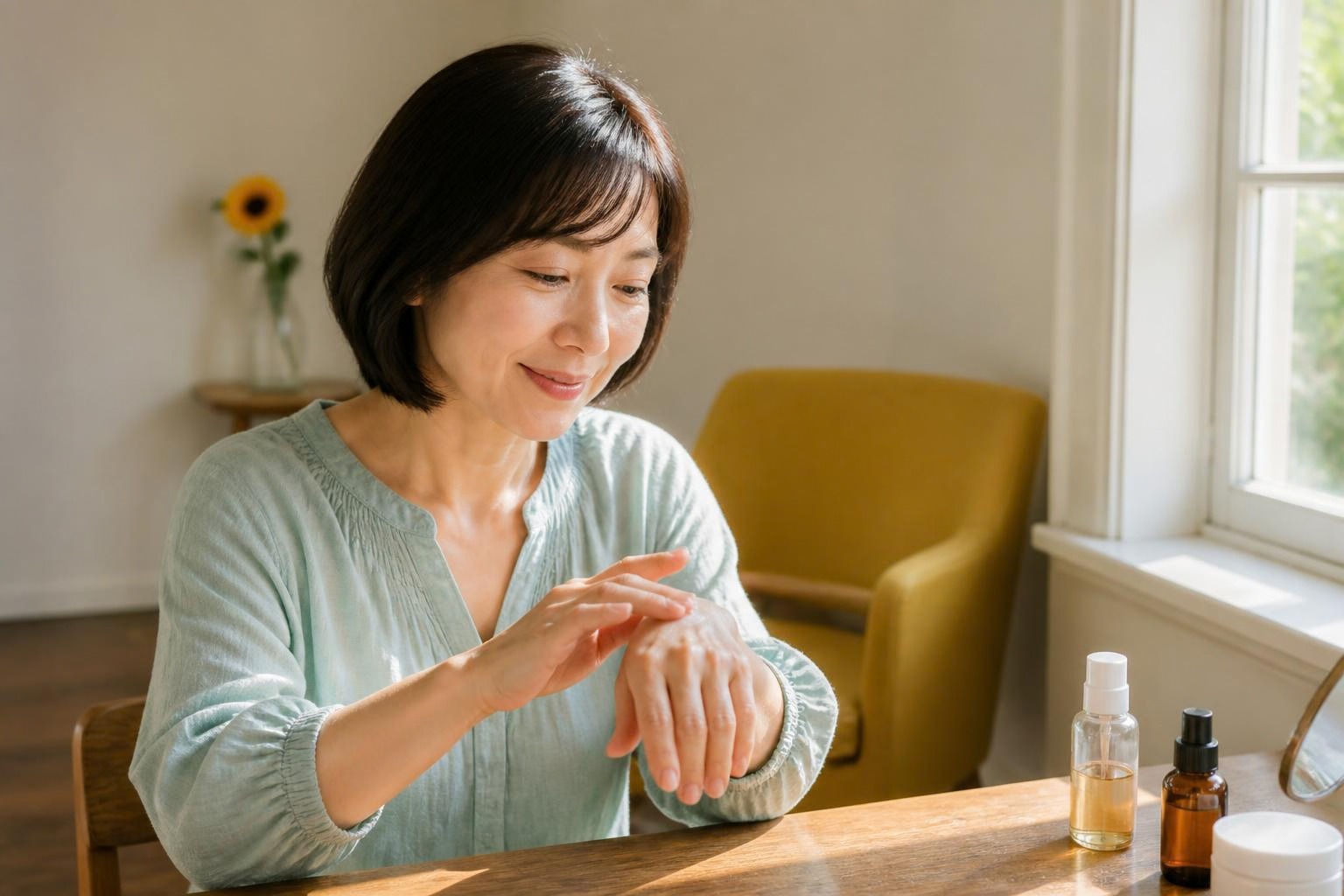 明るい窓辺で手の甲にオイルをなじませる女性
