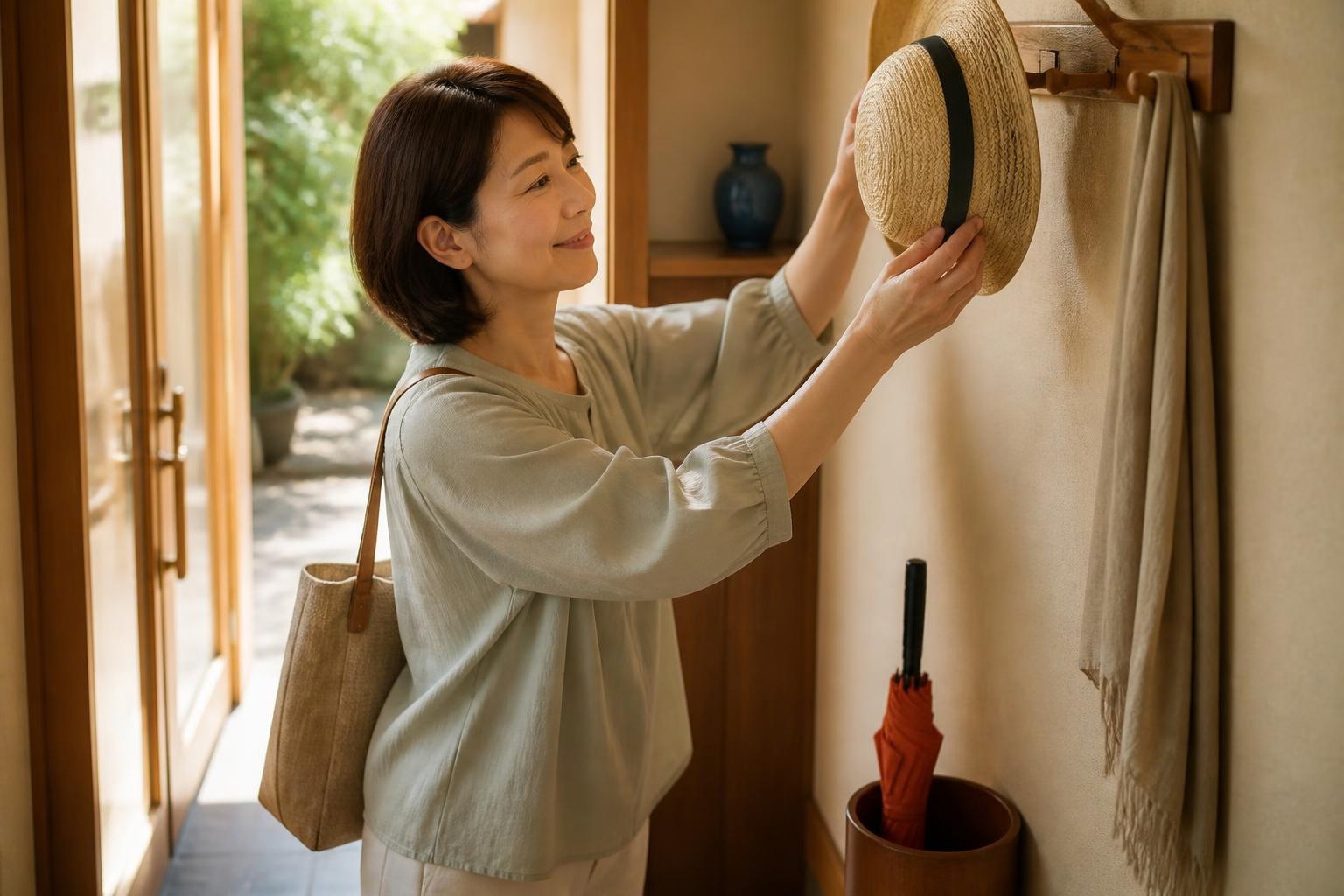 帰宅後の玄関で麦わら帽子をフックに戻す女性
