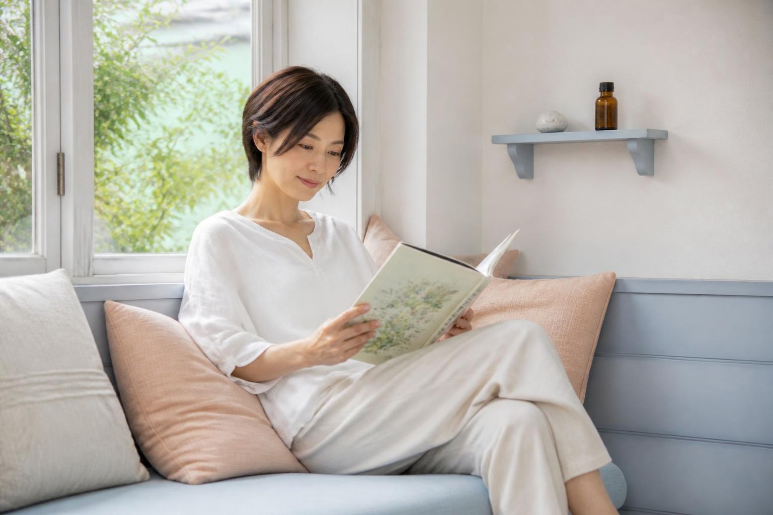 水色の窓辺の席で本を読む女性と、棚に置いた香りの道具