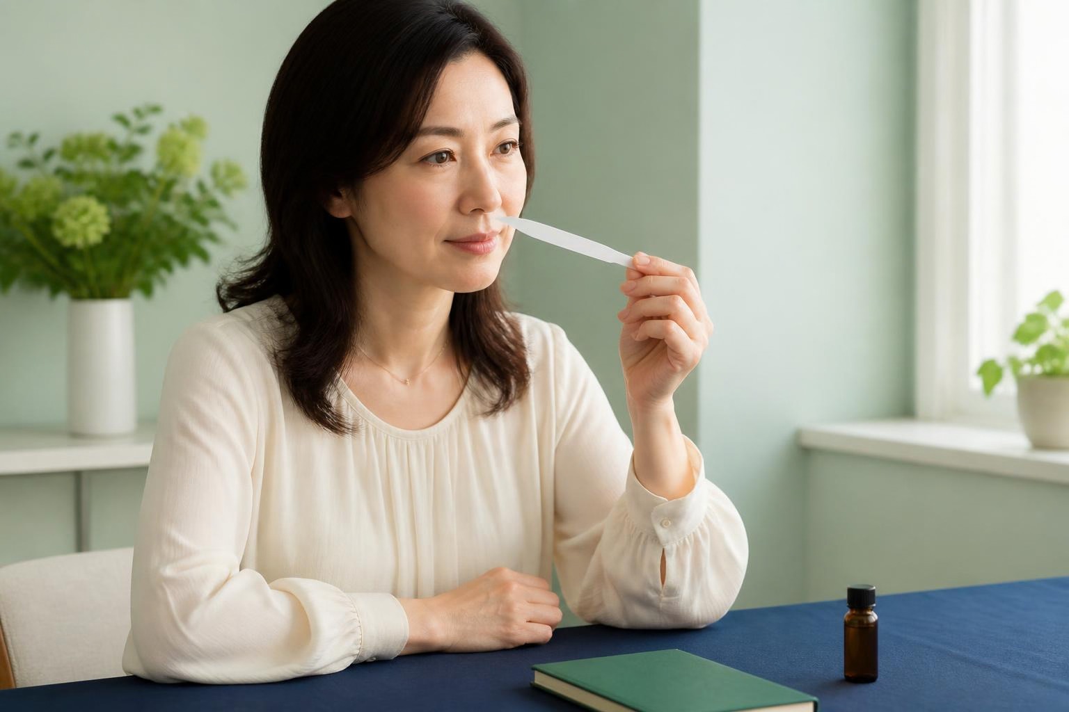 明るい部屋でムエットを手に持ち香りの印象を確かめる女性