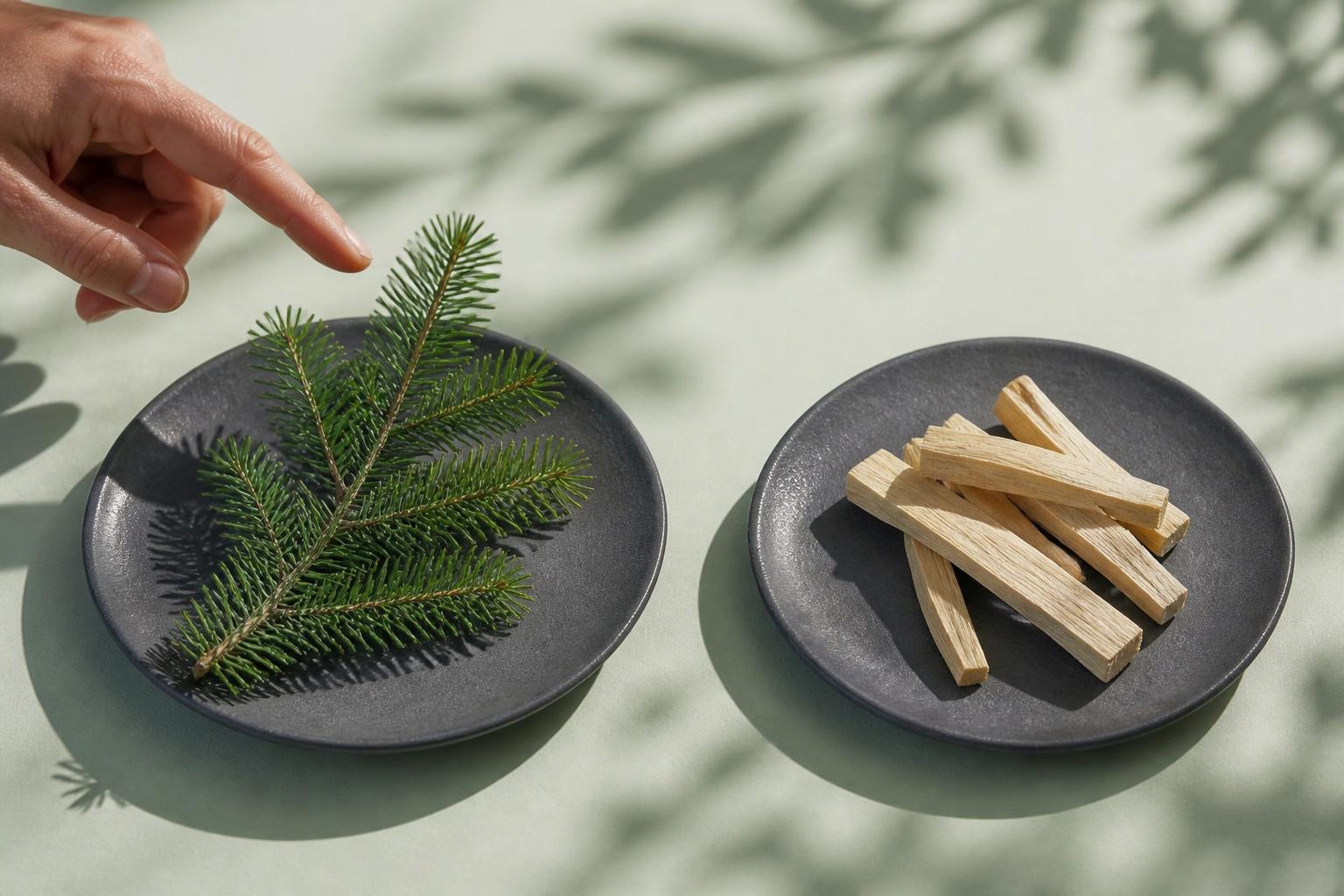 針葉のついた枝と木片を二つの皿で比べるイメージ