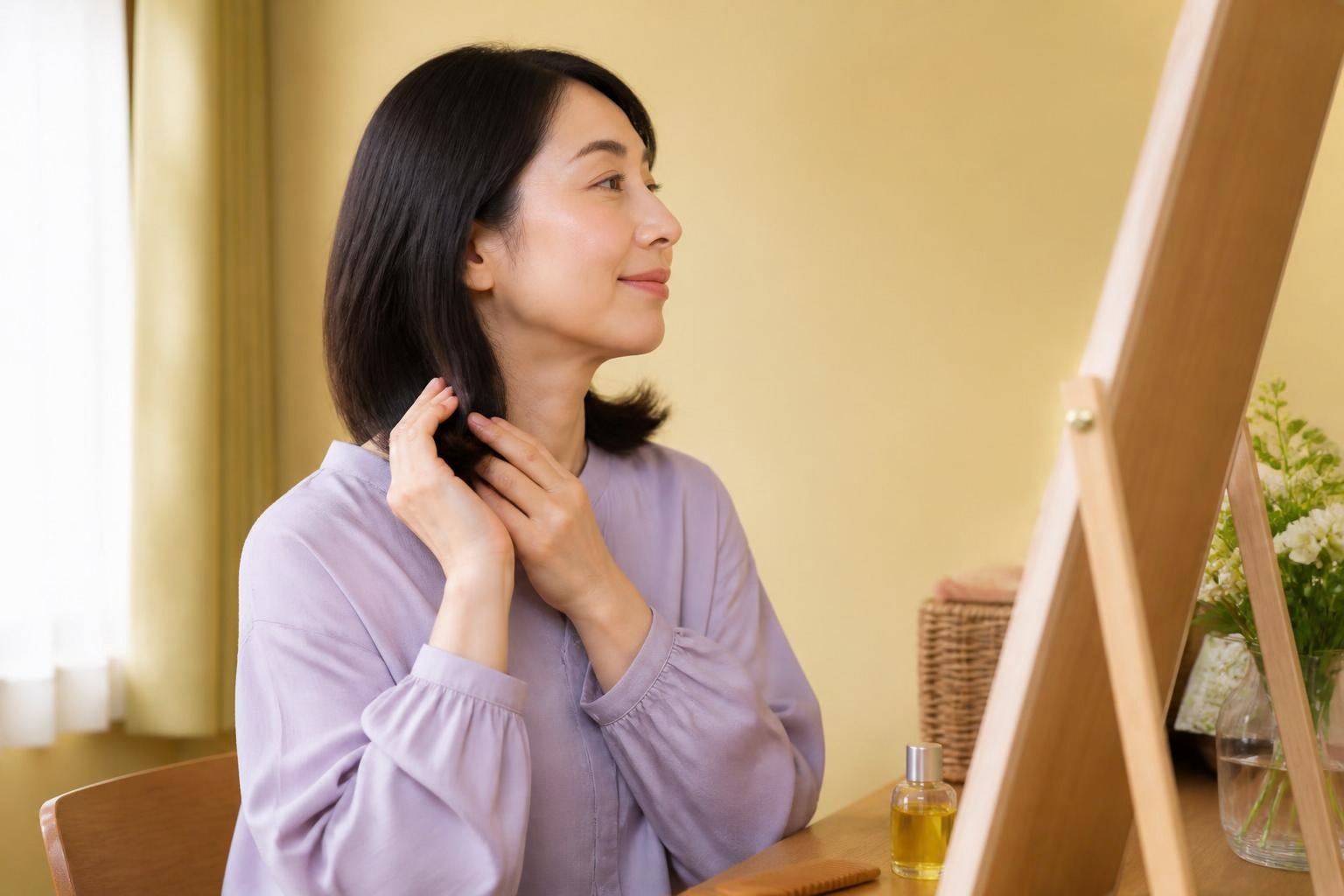 明るい鏡の前で髪の毛先を整える女性