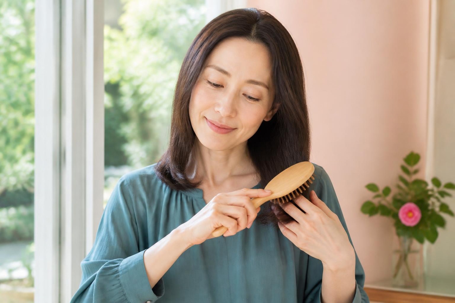 朝の窓辺で木のブラシを使い、ゆっくり髪をとかす女性