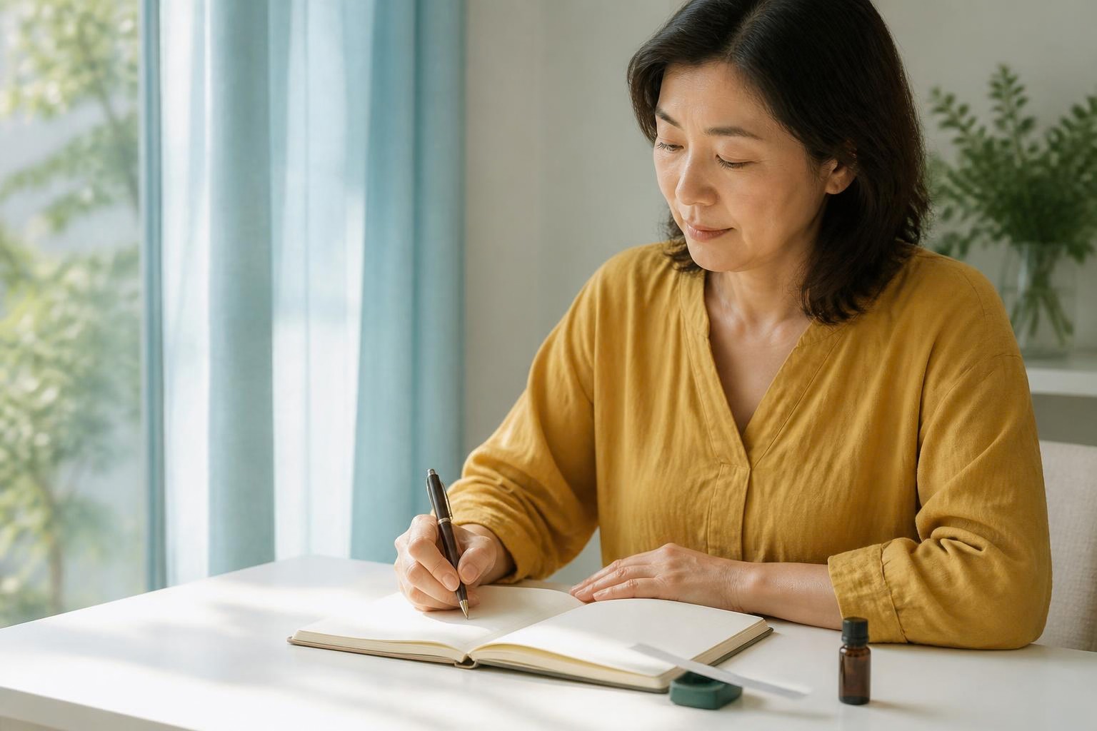朝の光の中で前日の香りをノートに記録する女性