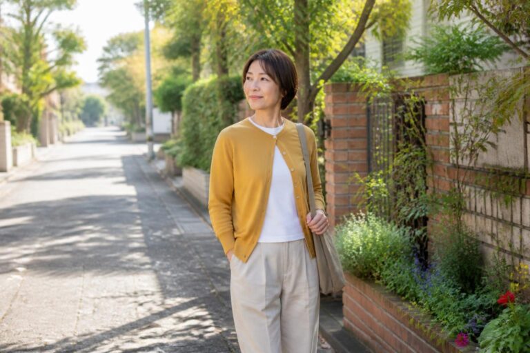 黄色いカーディガンの女性が緑の多い近所の道で季節の景色を眺める