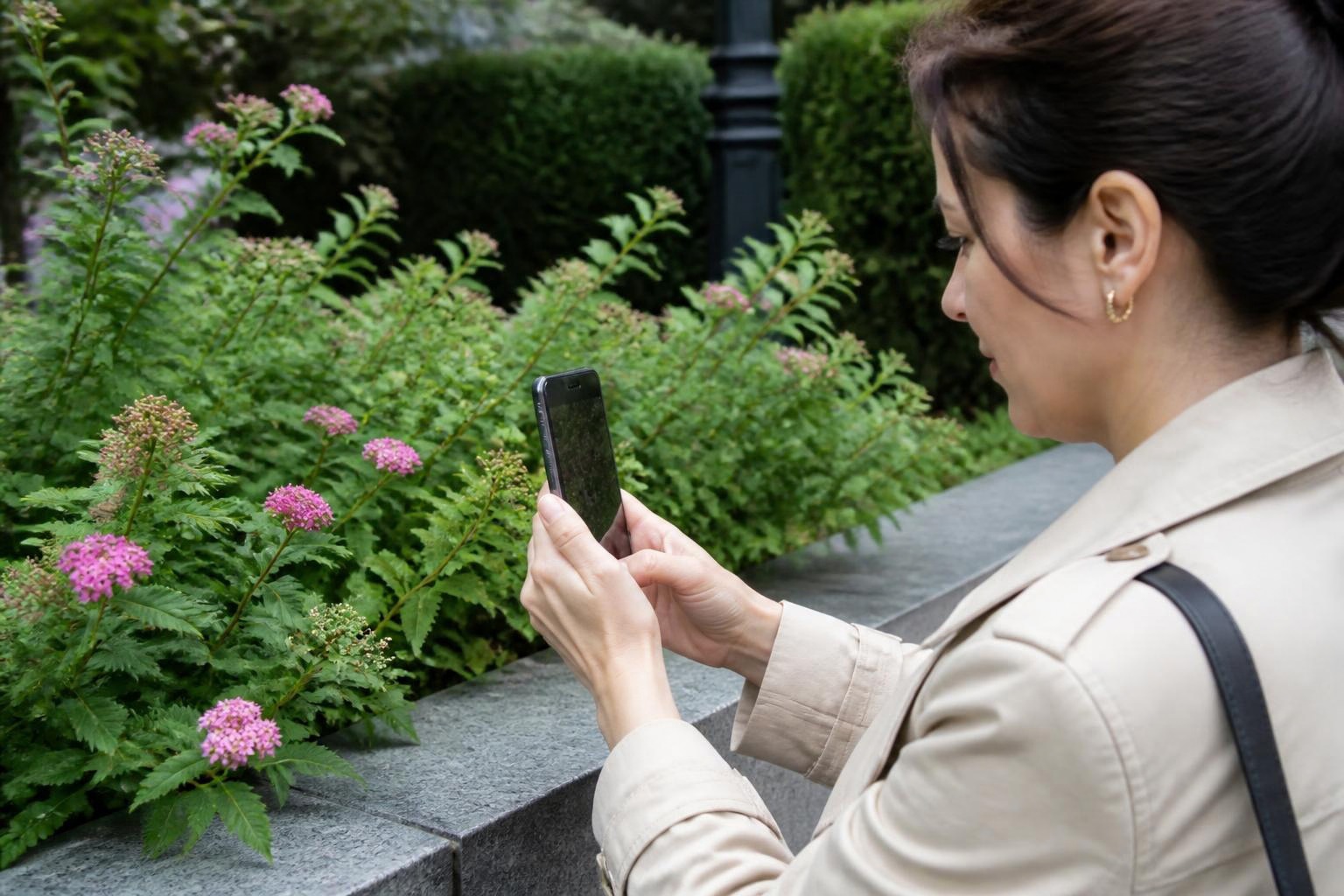 花壇のそばで立ち止まり、葉と花をスマートフォンで記録する女性