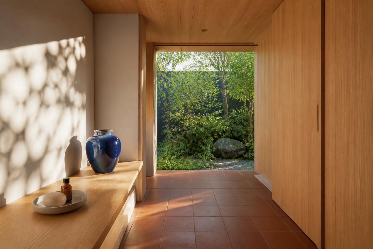庭の緑が見える木の廊下に置いた、青い花器とアロマストーン