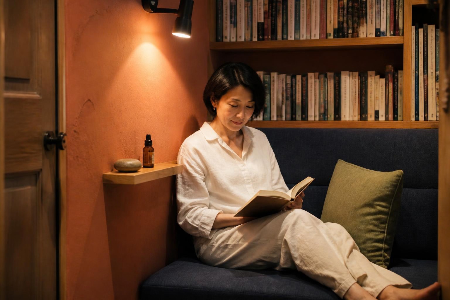 深い青のベンチで本を読む女性と小棚のアロマストーン