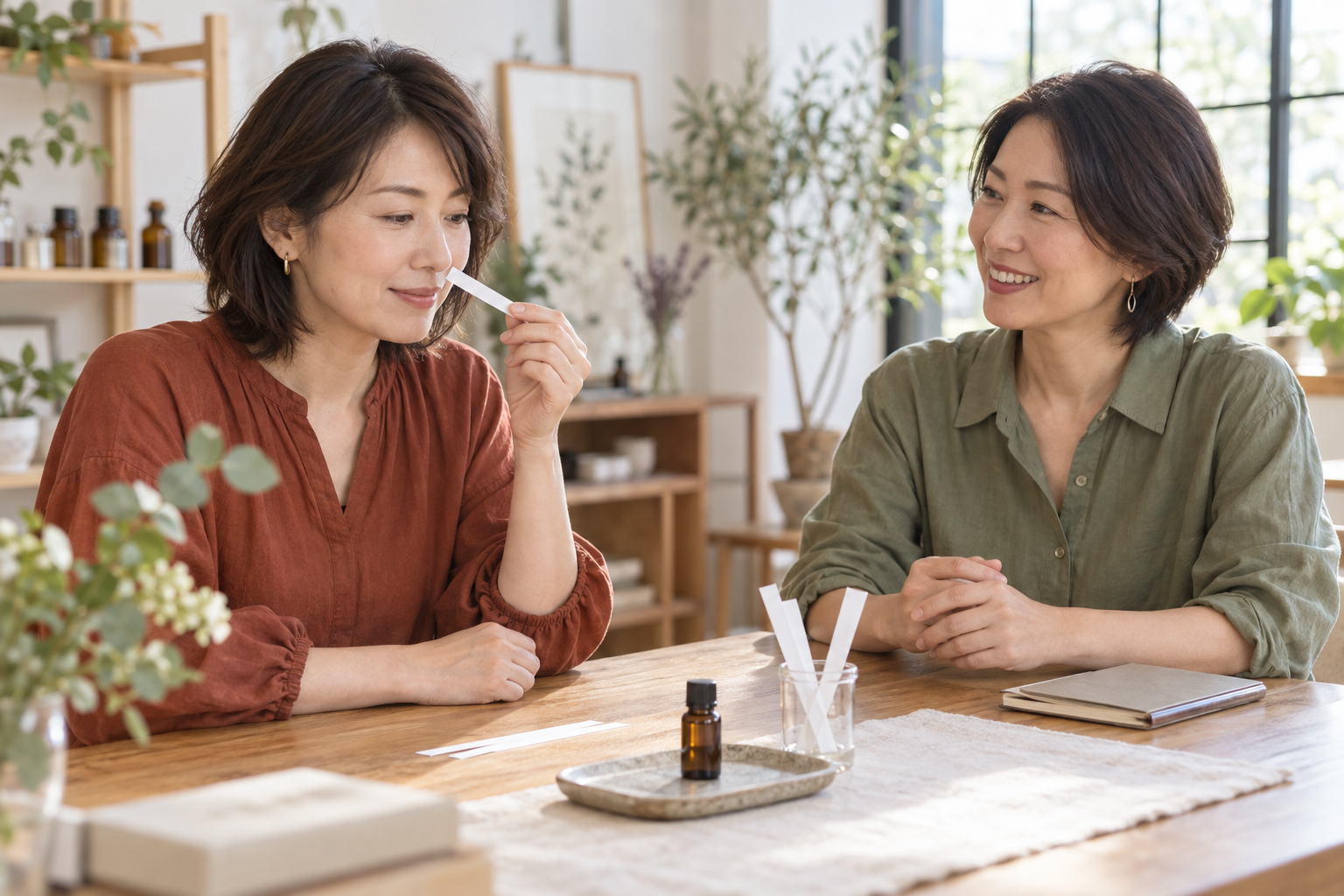 香りの講座で試香紙を使い会話する二人の女性