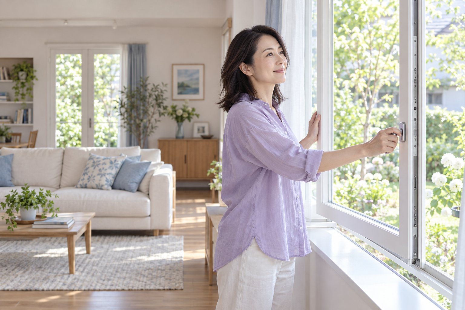 リビングの窓を開けて空気を入れ替える女性