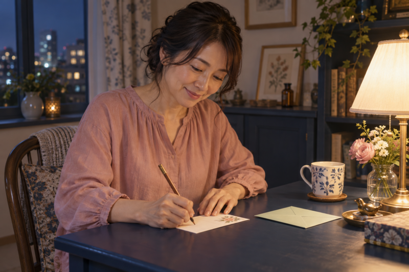 あたたかな卓上灯の下、青い机でポストカードに手紙を書く女性