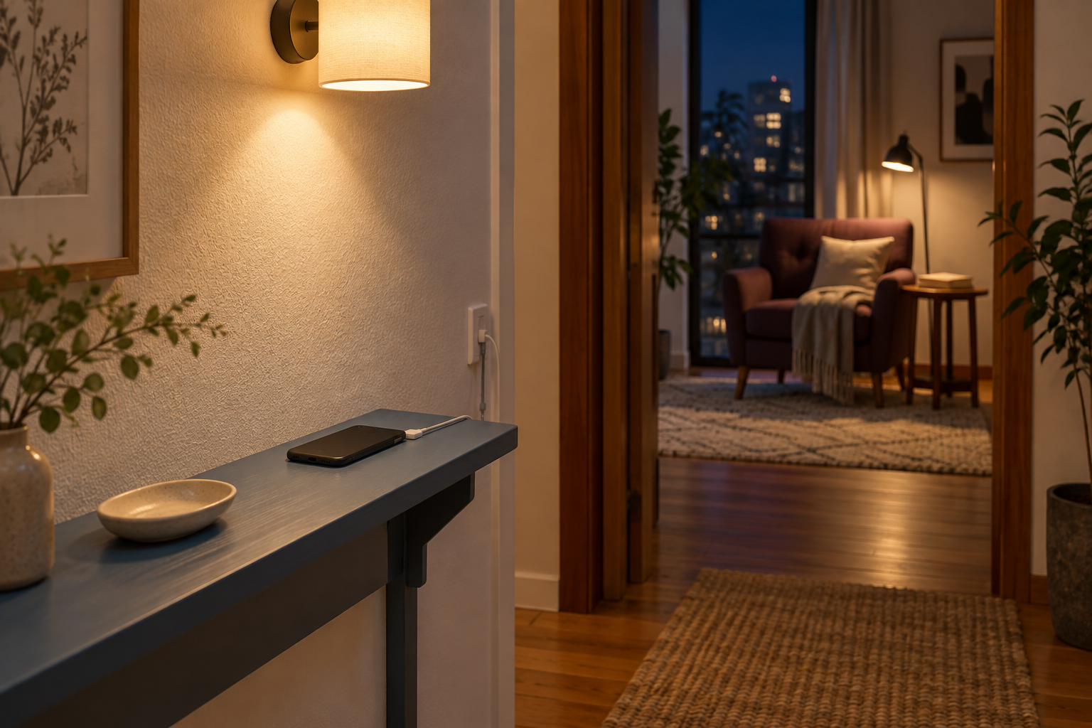 廊下の棚でスマホを充電し、奥の部屋に読書の椅子を用意した夜の空間