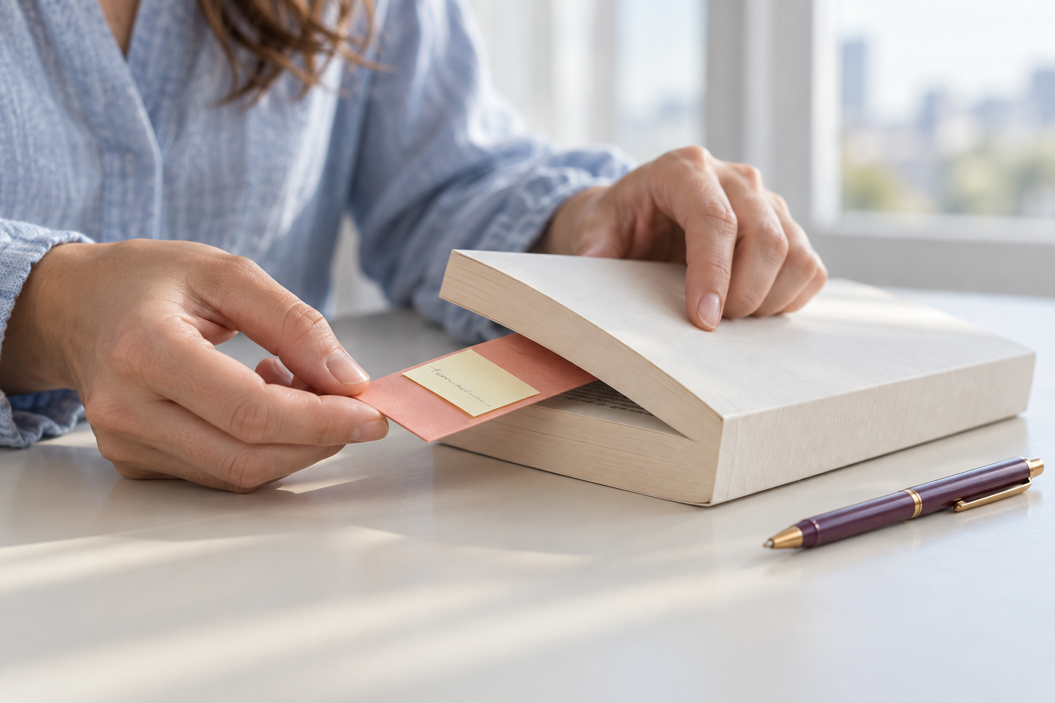 本に短いメモを添えたしおりを挟み、次の読書の始まりを準備する手元