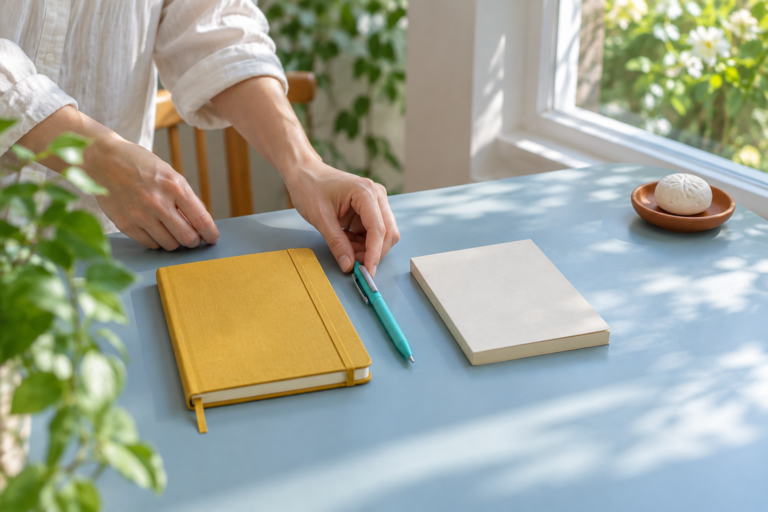 青い机に黄色いノートと本、一本のペンを並べて作業の準備をする手元