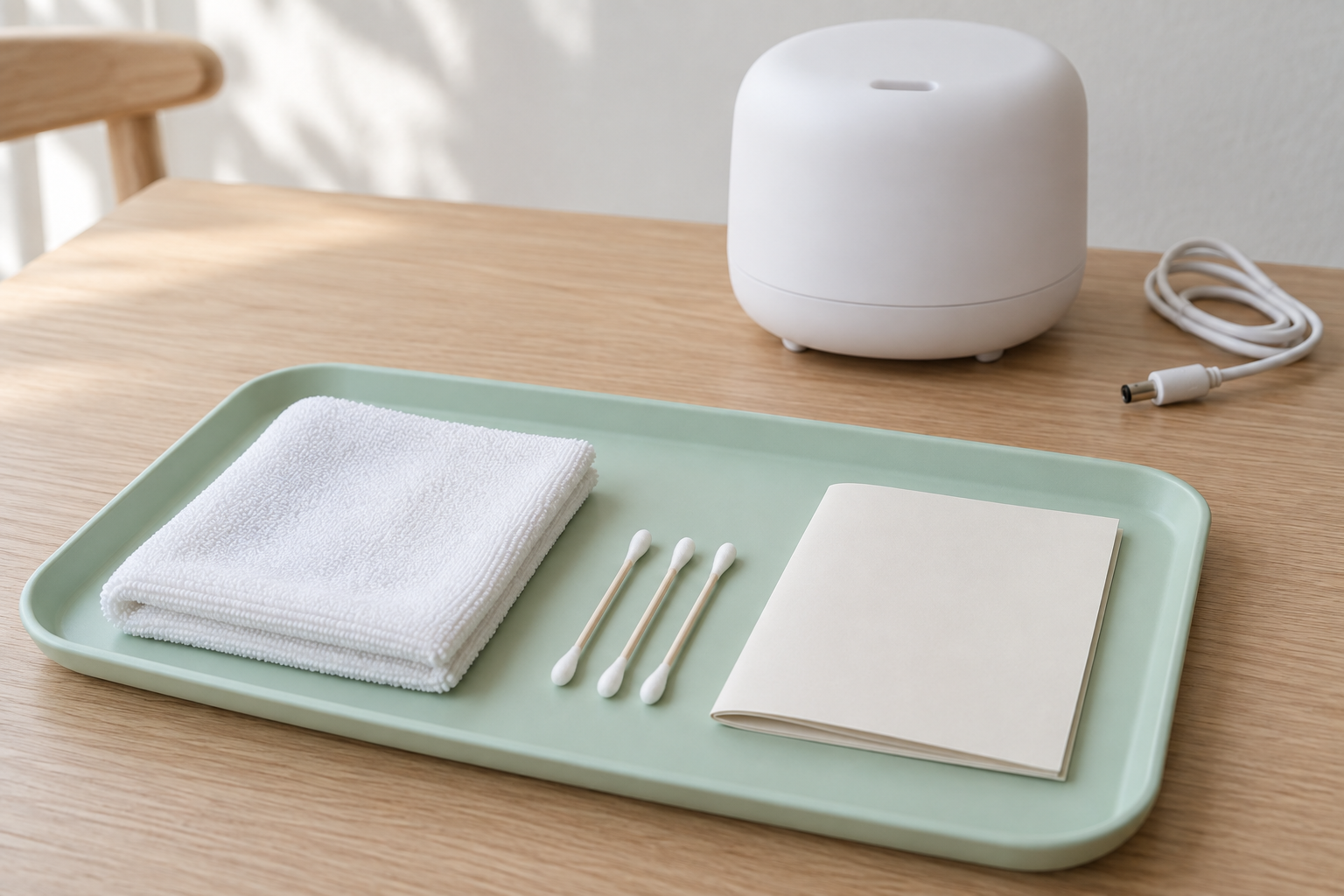 電源を外したディフューザーと布や綿棒などの手入れ道具