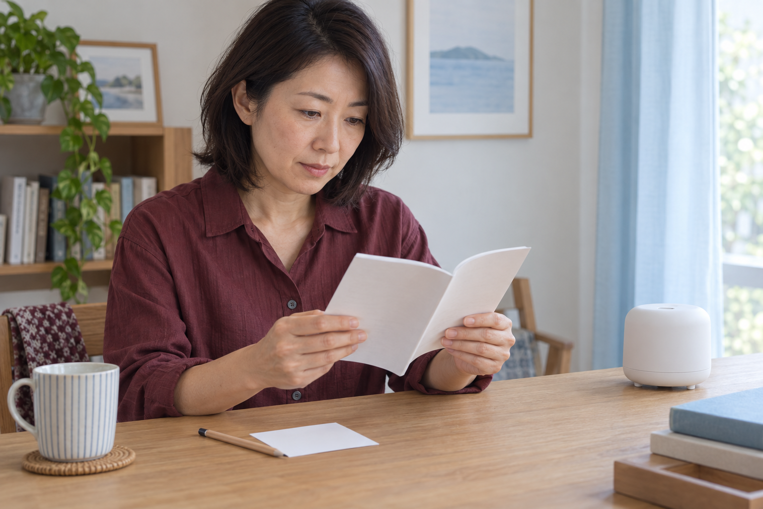 ディフューザーのそばで説明書を確認する女性