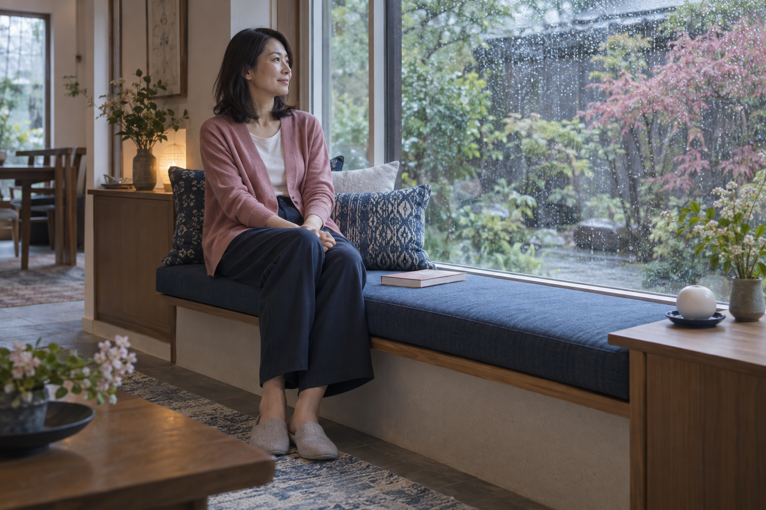 雨の庭を眺めながら青い窓辺のベンチで休息する女性
