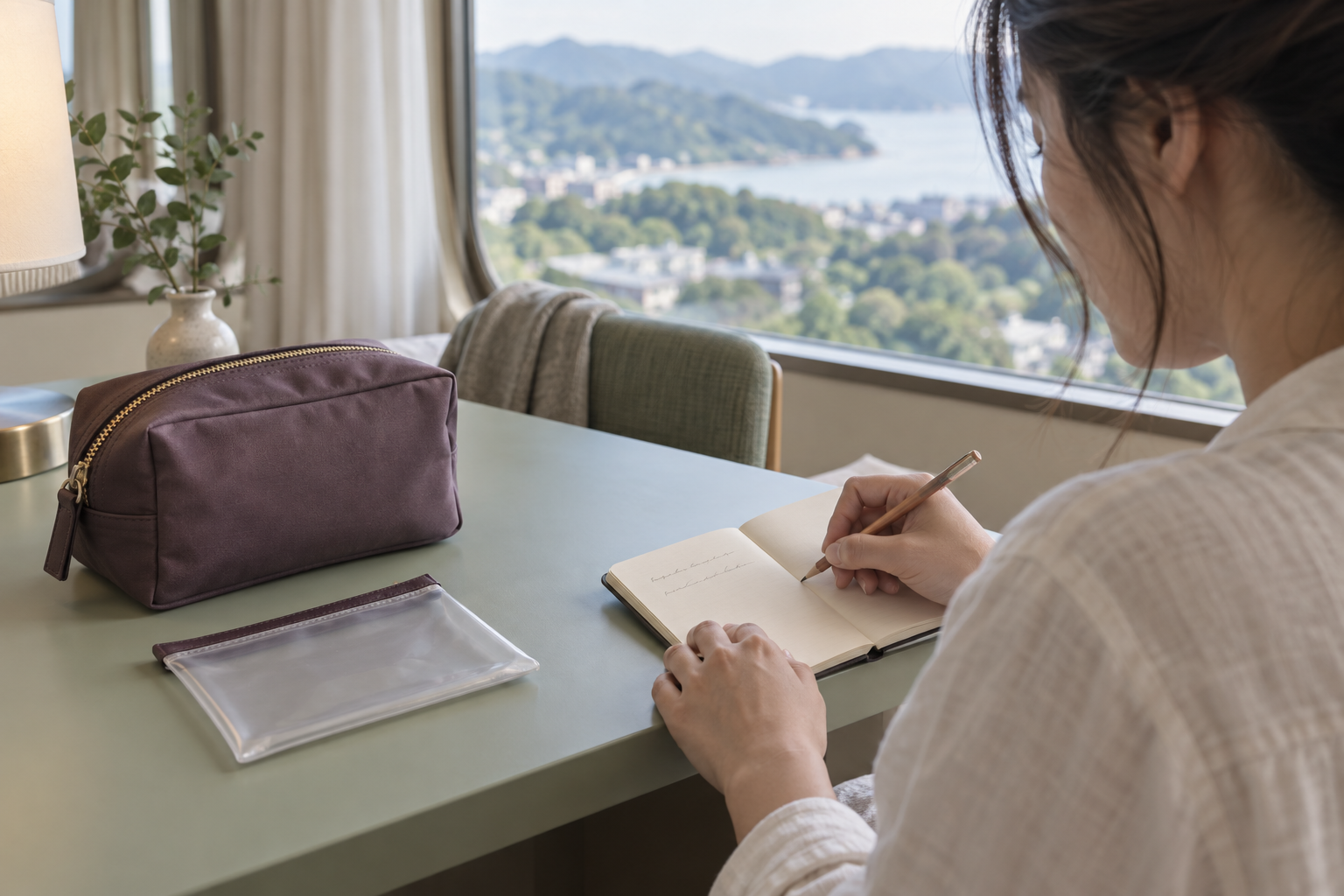 旅先の机で、ポーチと小さな空き袋をそばに置き、持ち物を手帳に振り返る女性