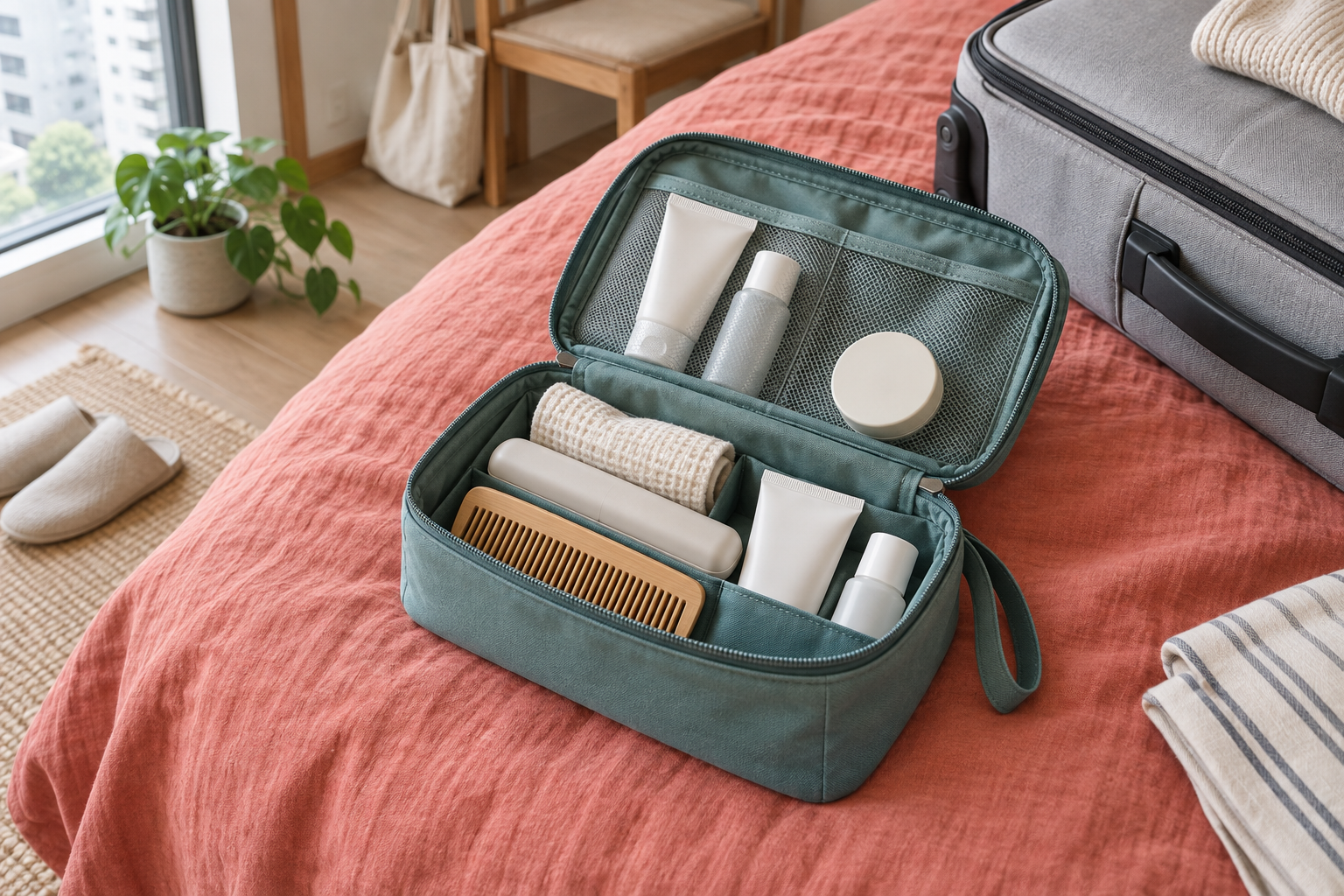 旅の身支度用品をまとめた青緑のポーチを、スーツケースのそばに用意した荷造り