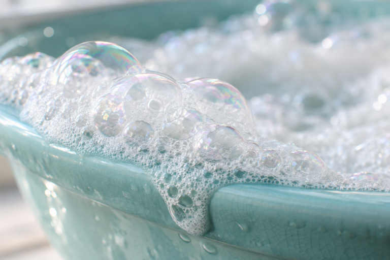 水色の器の縁に広がる泡のイメージ（AI生成・実験写真ではありません）