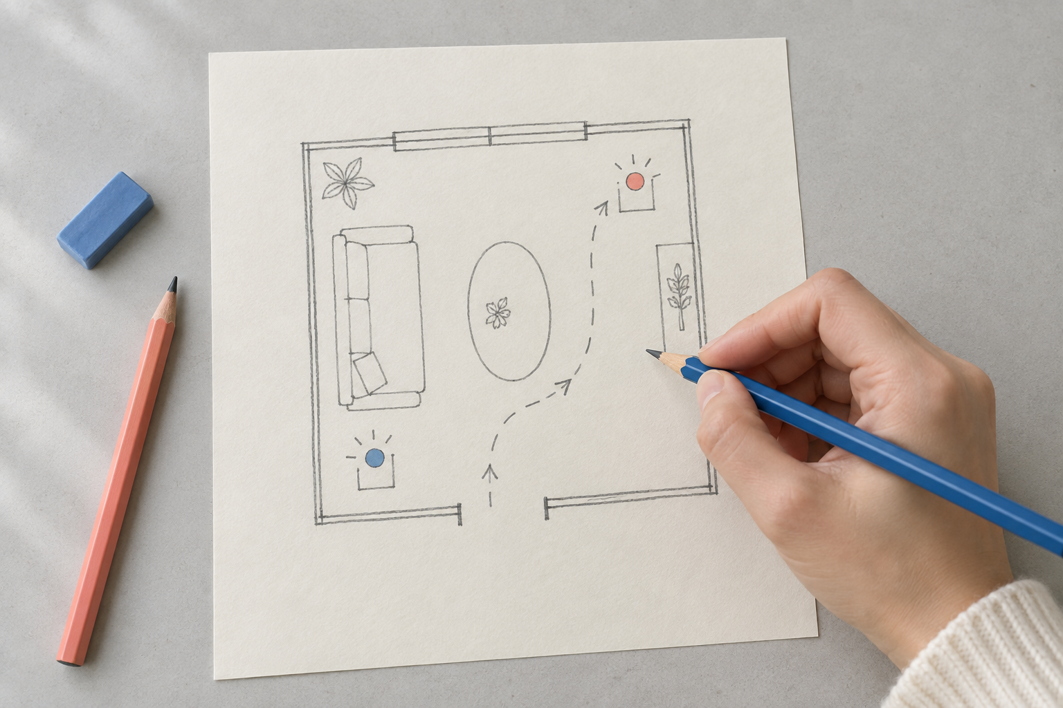 ソファと窓、通り道、香りを置く候補を紙に描く手元
