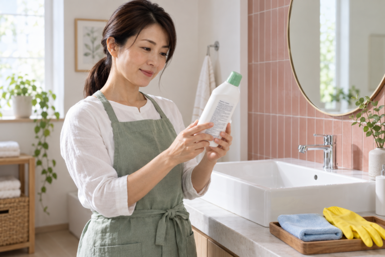 掃除前に洗剤の用途と使い方を確かめる女性のイメージ（AI生成）