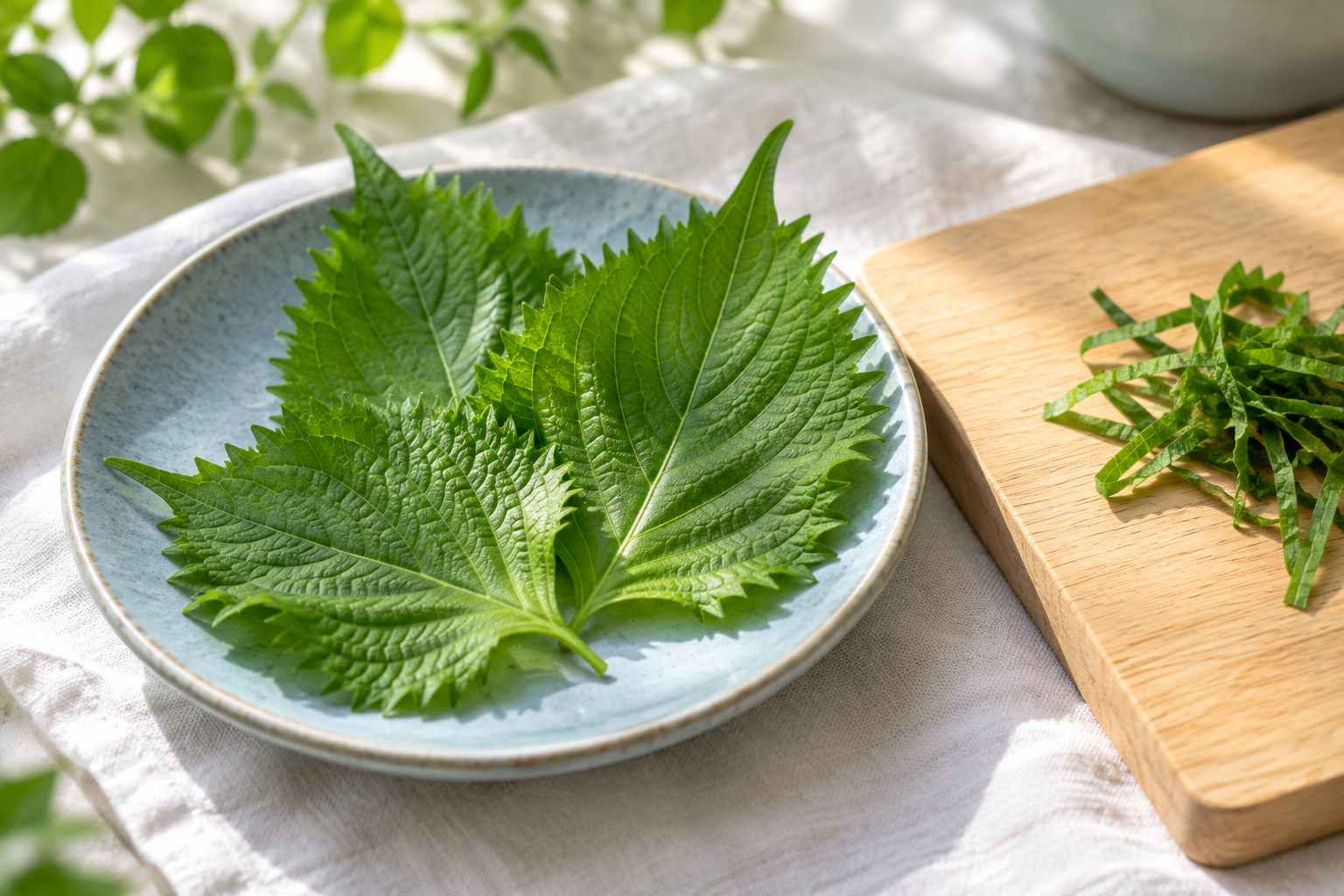 青い皿のシソの葉と、まな板に刻んだ食品用の大葉