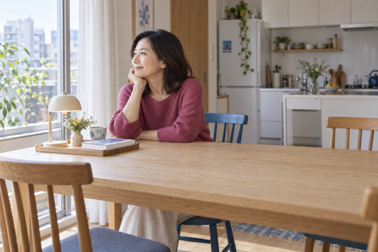 食卓の端の青い椅子で、本と小さな灯りをそばに置いて窓を眺める女性